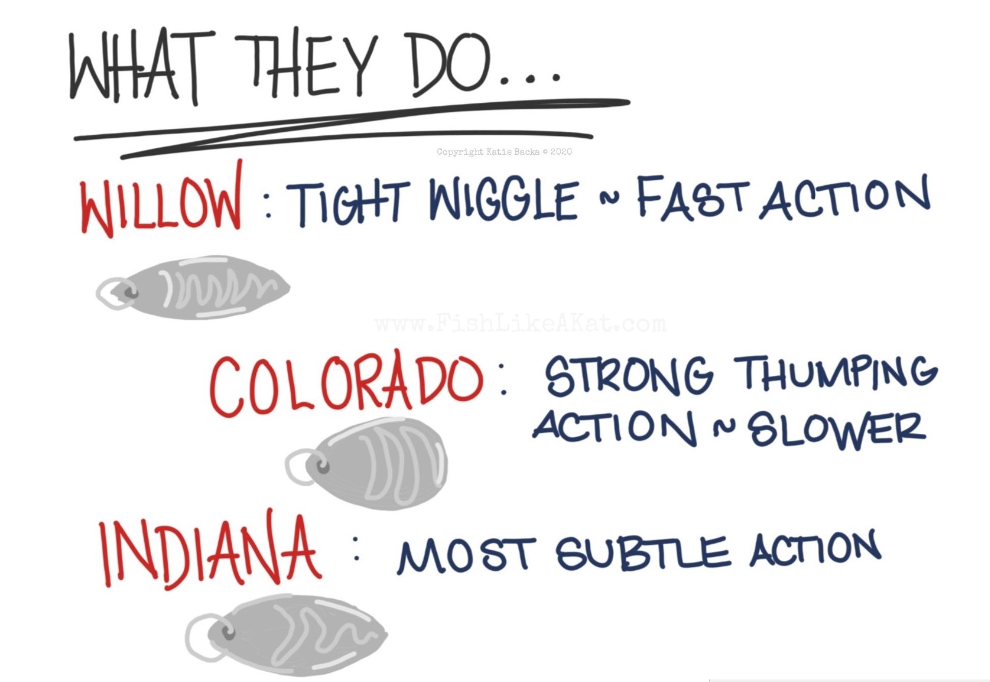 text: What they do...willow: tight wiggle, fast action. Colorado: strong thumping action, slower. Indiana: most subtle action. With illustrations of each type of blade.