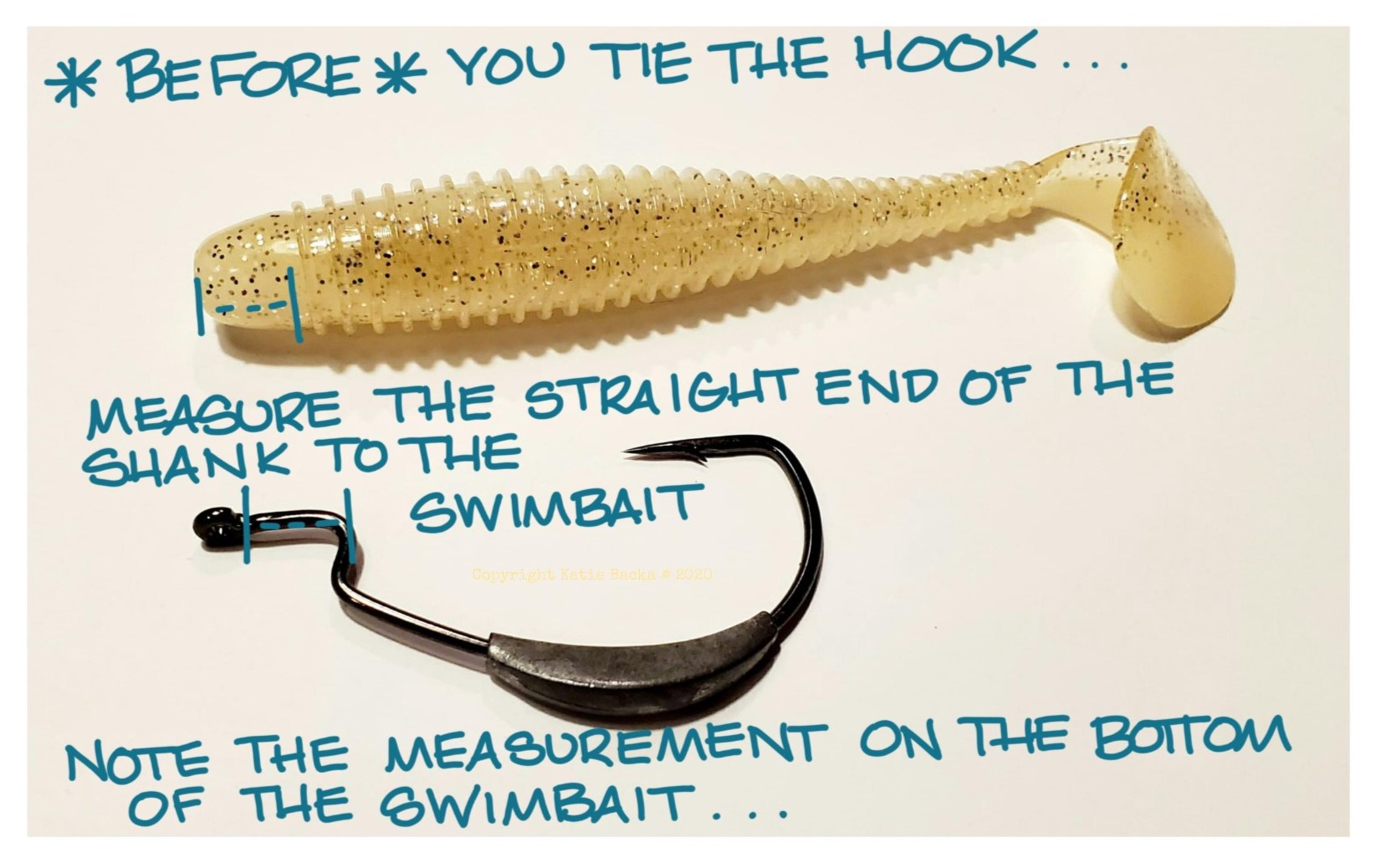 A picture of a weighted EWG hook with a swimbait next to it to measure both